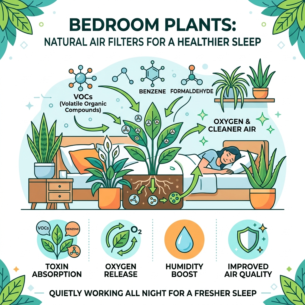 Infographic showing how bedroom plants filter indoor toxins like VOCs, benzene, and formaldehyde - air cleaning plants for