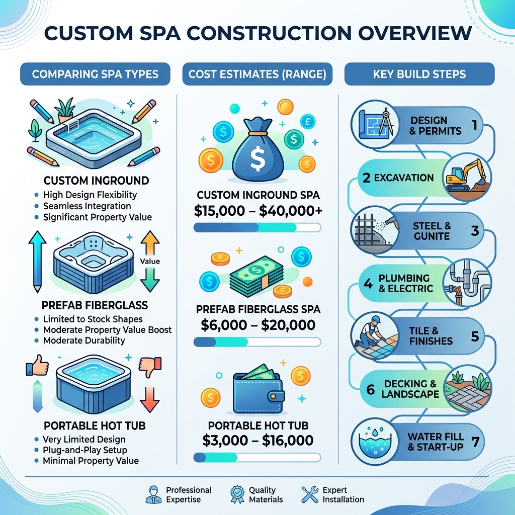 Custom spa construction overview infographic comparing inground spa types, costs, and build steps - custom spa construction Custom spa construction overview infographic comparing inground spa types, costs, and build steps - custom spa construction