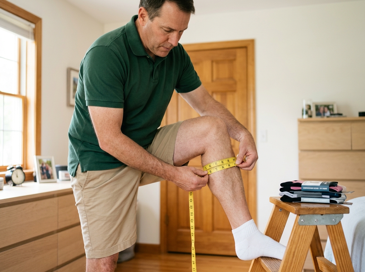 A person measuring their calf with a tape measure to find the perfect fit - compression socks for swelling