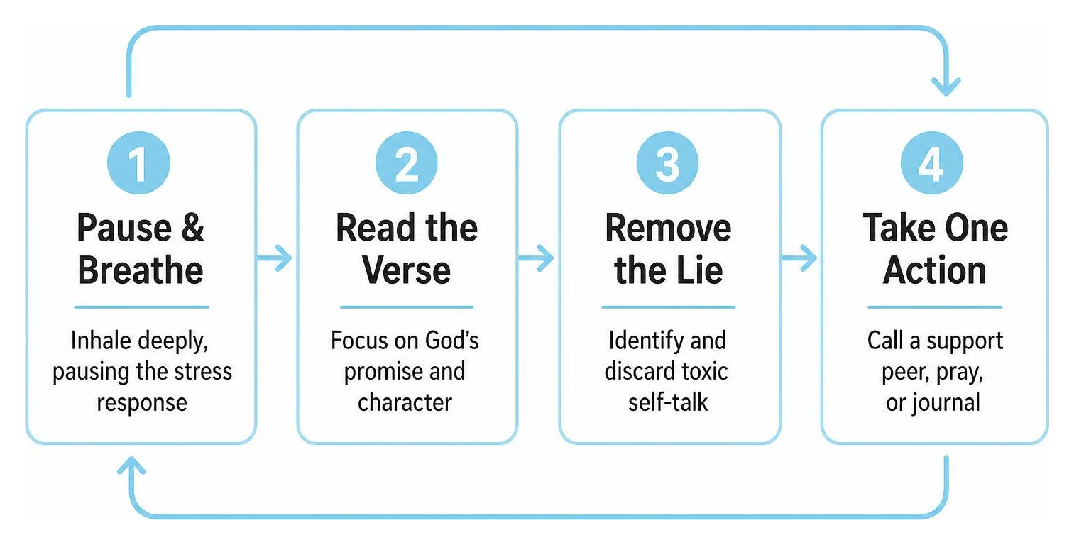 Four-step cycle showing pause and breathe, read verse, remove lie, and take action
