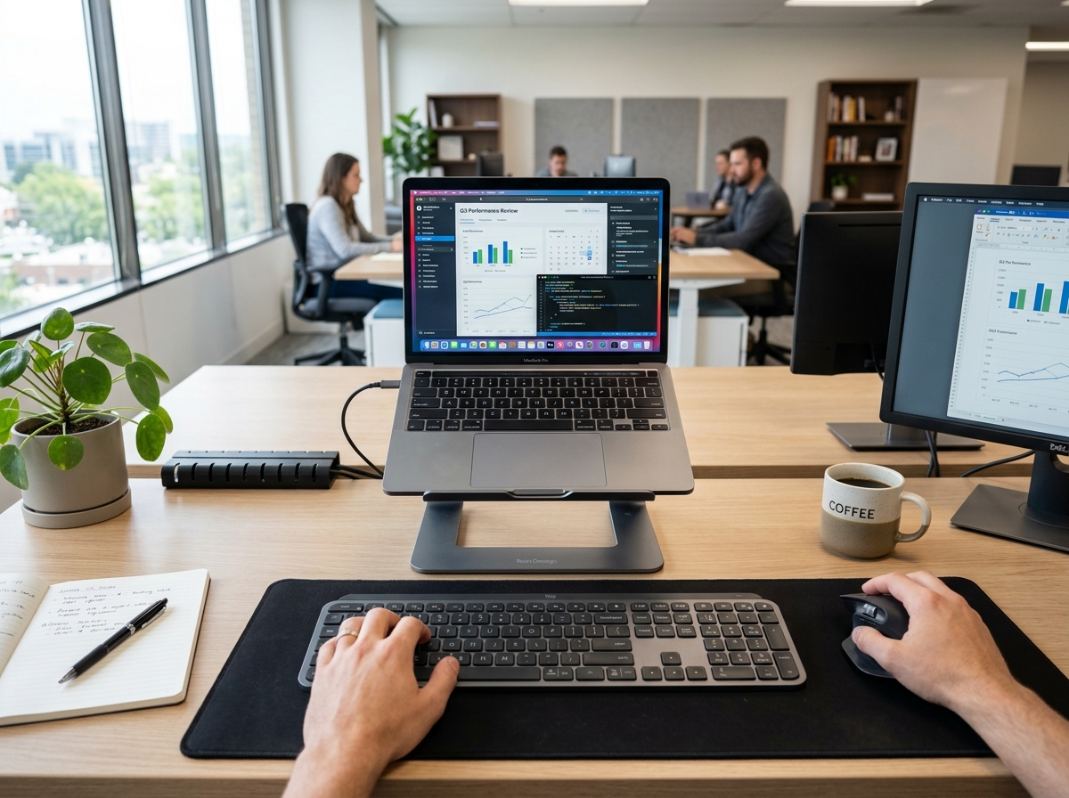laptop on ergonomic riser with external keyboard and mouse setup - workstation ergonomics pdf