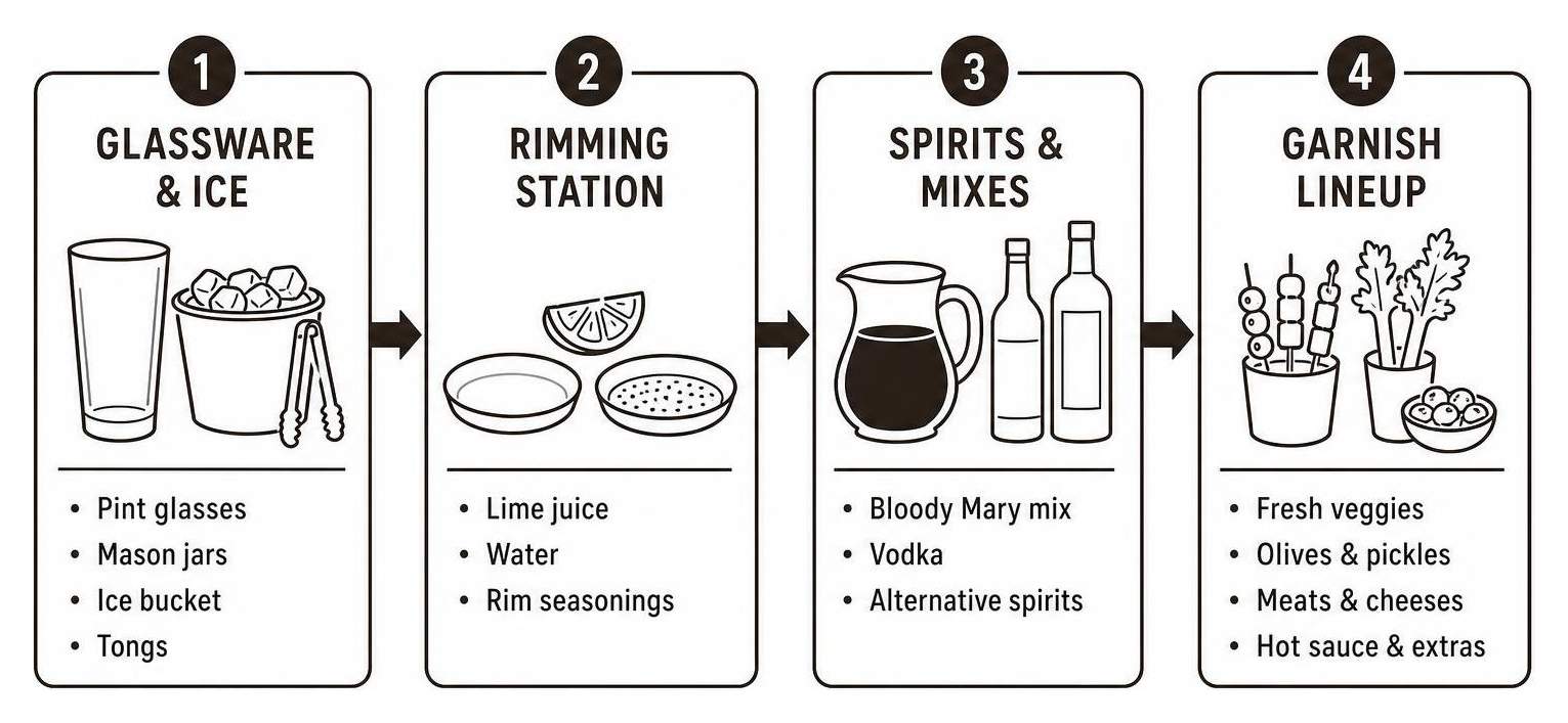 Step-by-step Bloody Mary station flow from left to right