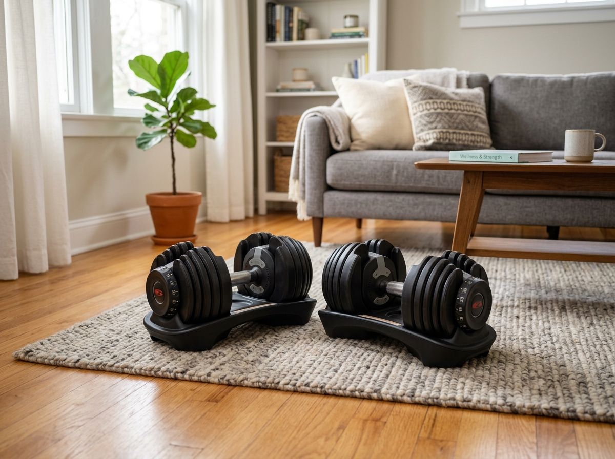 A pair of adjustable dumbbells on a living room floor, ready for a workout - at home shoulder workouts with dumbbells A pair of adjustable dumbbells on a living room floor, ready for a workout - at home shoulder workouts with dumbbells