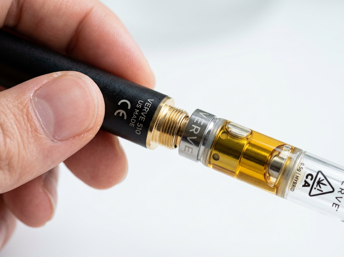 A 510-thread battery being screwed into a glass vape cartridge - Vape cartridge online A 510-thread battery being screwed into a glass vape cartridge - Vape cartridge online