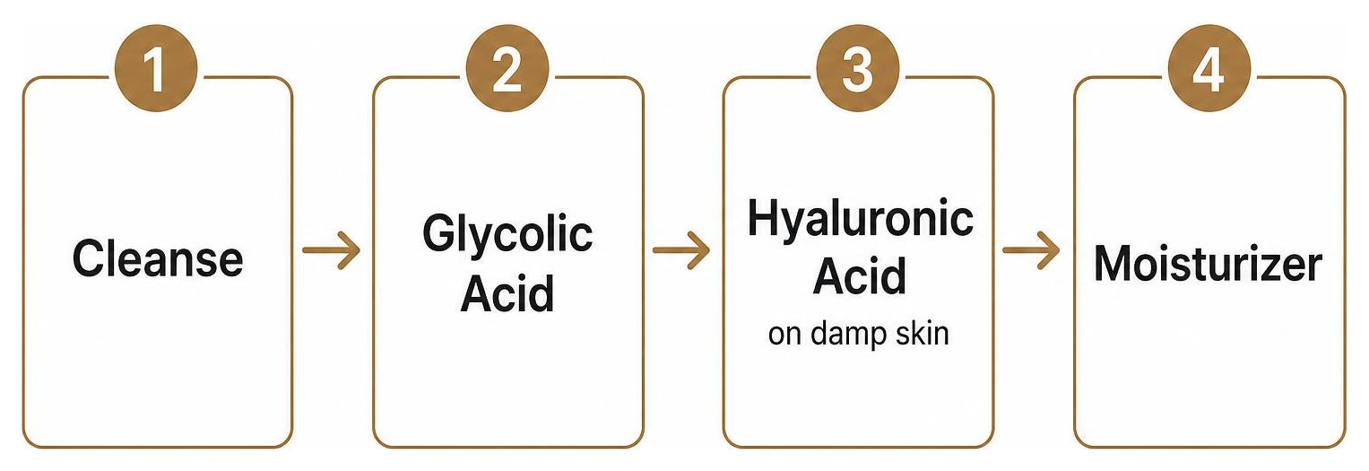 A diagram showing the step-by-step application order: 1. Cleanse, 2. Glycolic Acid, 3. Hyaluronic Acid on damp skin, 4. A diagram showing the step-by-step application order: 1. Cleanse, 2. Glycolic Acid, 3. Hyaluronic Acid on damp skin, 4.