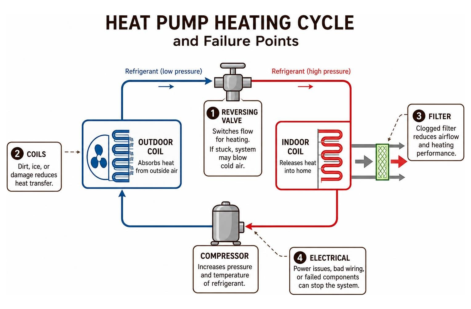 Heat pump heating cycle and failure points: reversing valve, coils, filter, electrical
