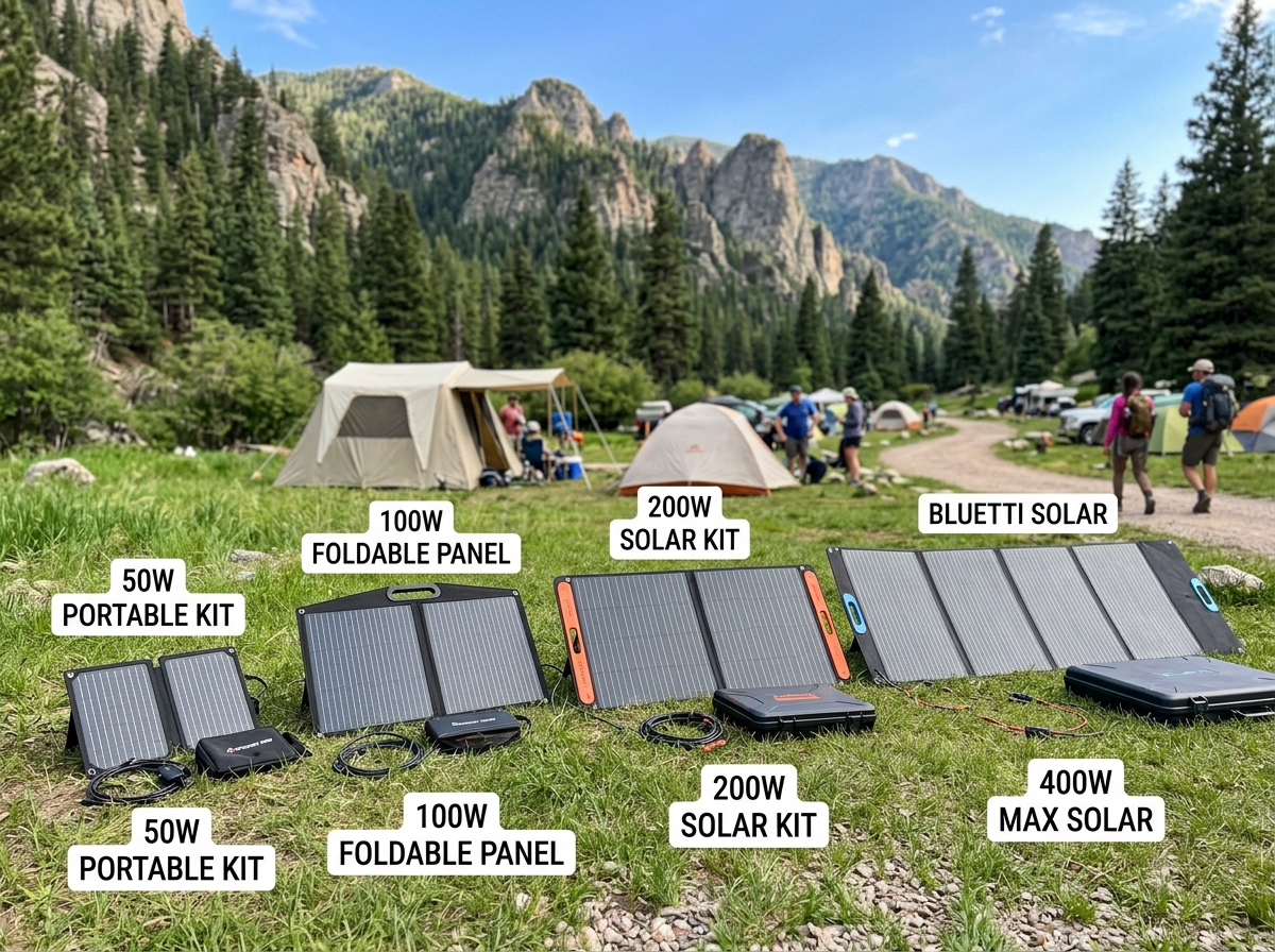 Comparison of different solar panel sizes from small 50W to large 400W units - solar panel kits for camping Comparison of different solar panel sizes from small 50W to large 400W units - solar panel kits for camping