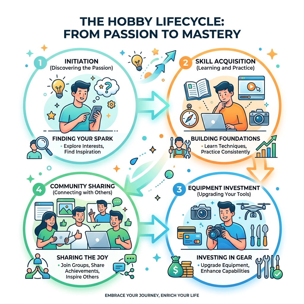 explaining the hobby lifecycle from initiation and skill acquisition to equipment investment and community sharing