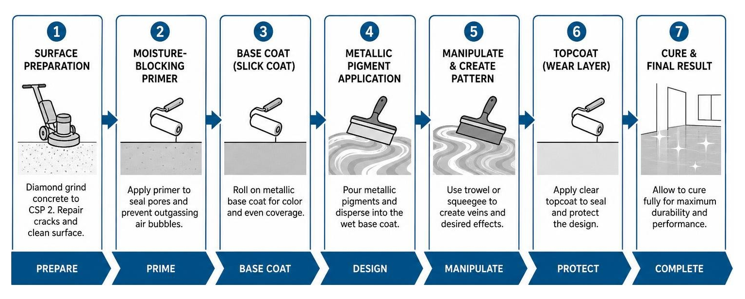 Step-by-step professional metallic epoxy coating application sequence