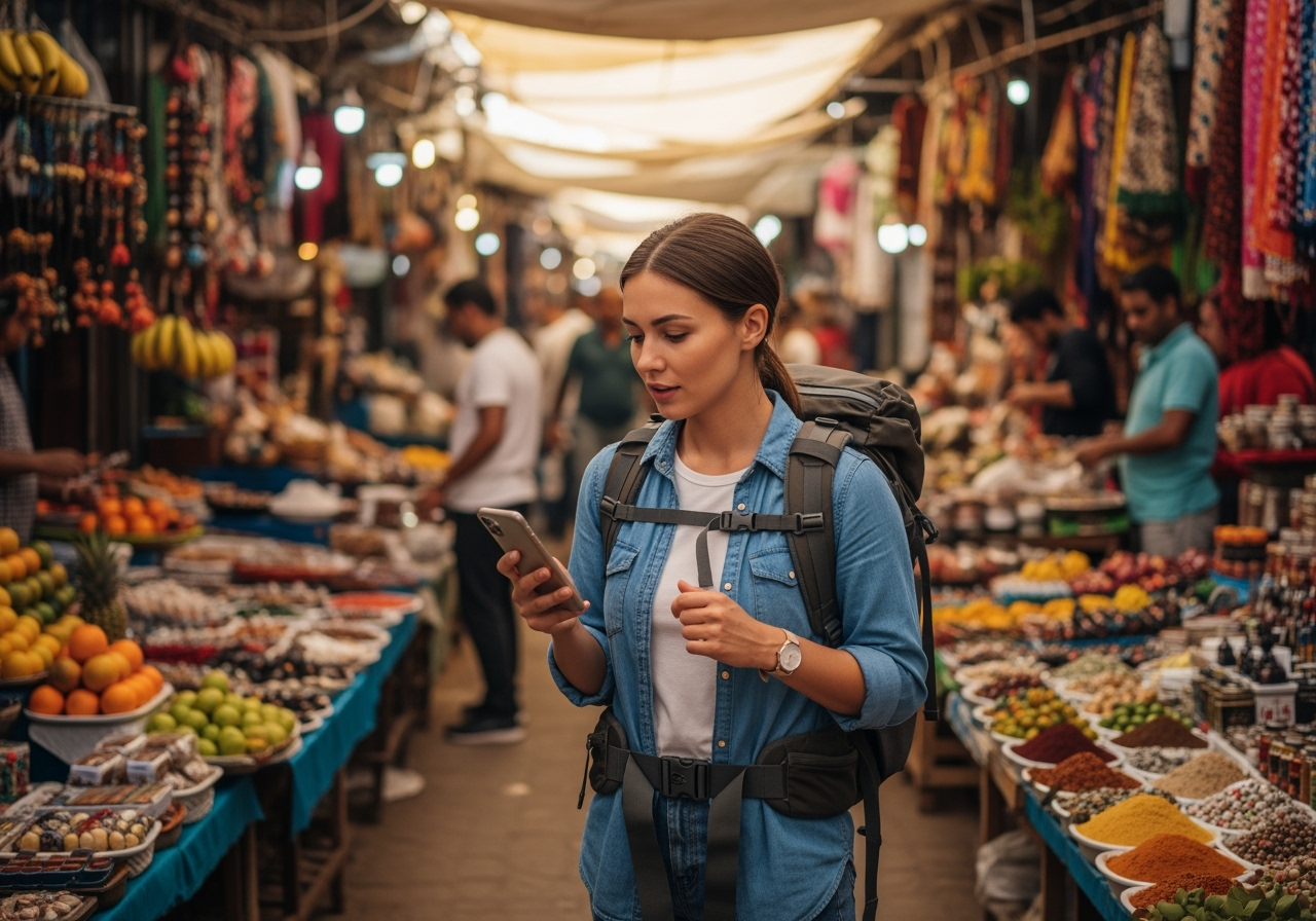 Traveler using a smartphone to navigate a foreign market - modern travel and lifestyle
