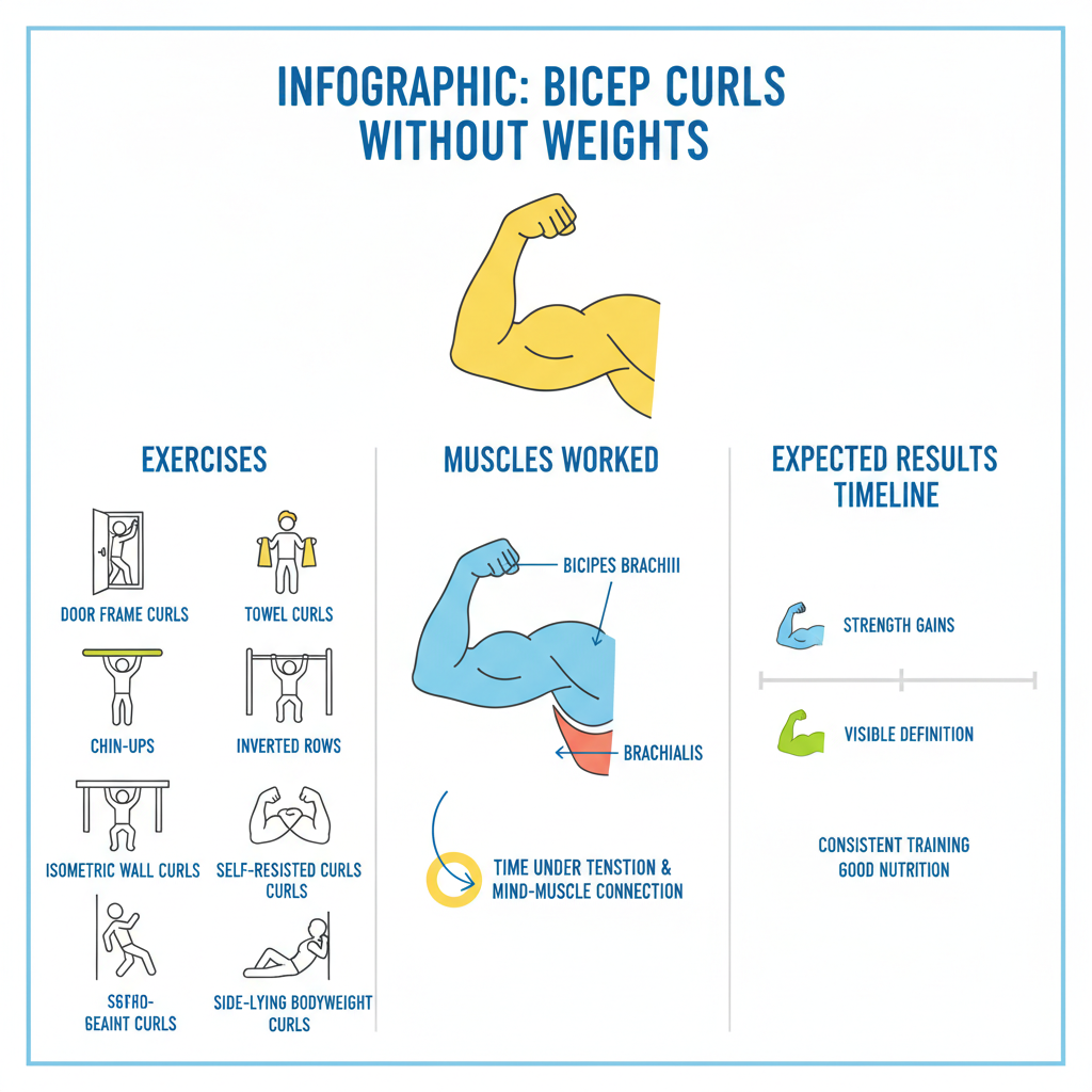 Infographic: bicep curls without weights - exercises, muscles worked, and expected results timeline - bicep curls without