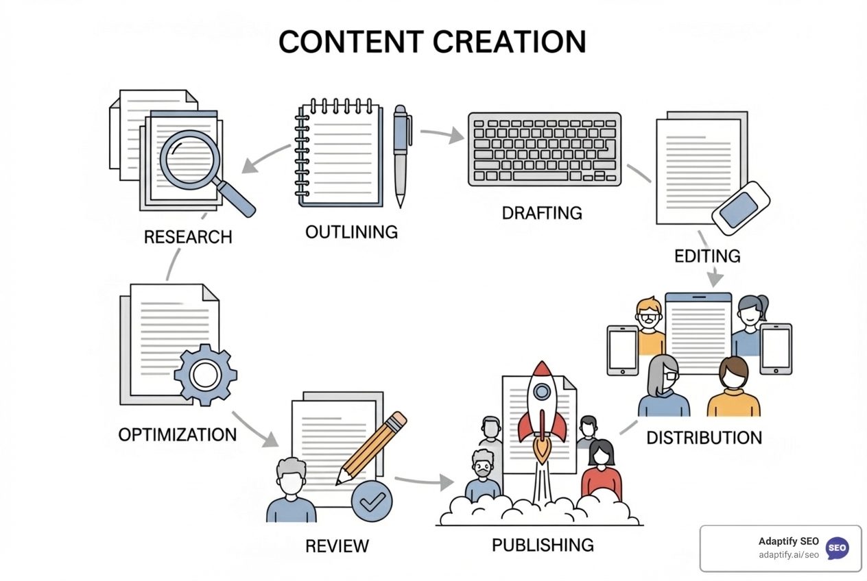 A detailed workflow diagram showing the 8 steps of AI-assisted SEO content creation, from research and outlining to drafting, optimizing, editing, and publishing. - AI writing for SEO