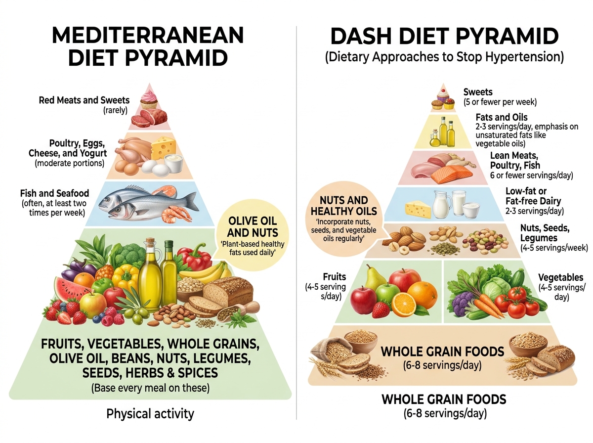 Comparison of Mediterranean and DASH diet pyramids highlighting plant-based fats and whole foods - balanced meal plan ideas