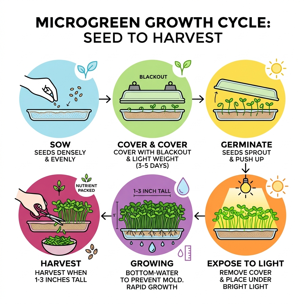 Microgreen growth cycle from seed to harvest infographic - best way to grow microgreens at home infographic 