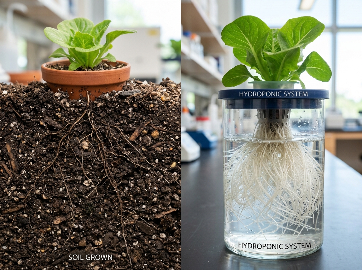 Comparison of soil-grown roots vs. hydroponic roots showing more compact and efficient root systems - countertop hydroponic Comparison of soil-grown roots vs. hydroponic roots showing more compact and efficient root systems - countertop hydroponic