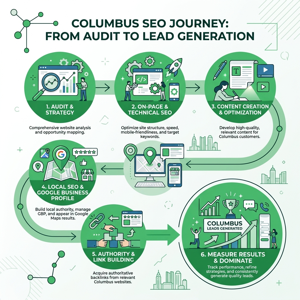 Columbus SEO journey infographic showing steps from audit to Google rankings to lead generation - columbus seo services
