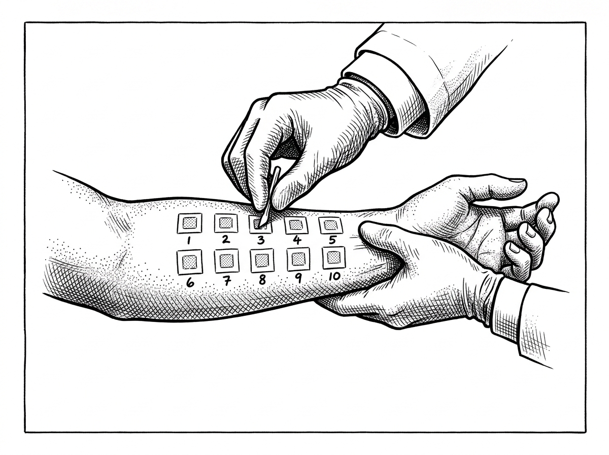 Pen and ink illustration of a skin patch test being performed on the inner forearm - acne scar treatment natural home