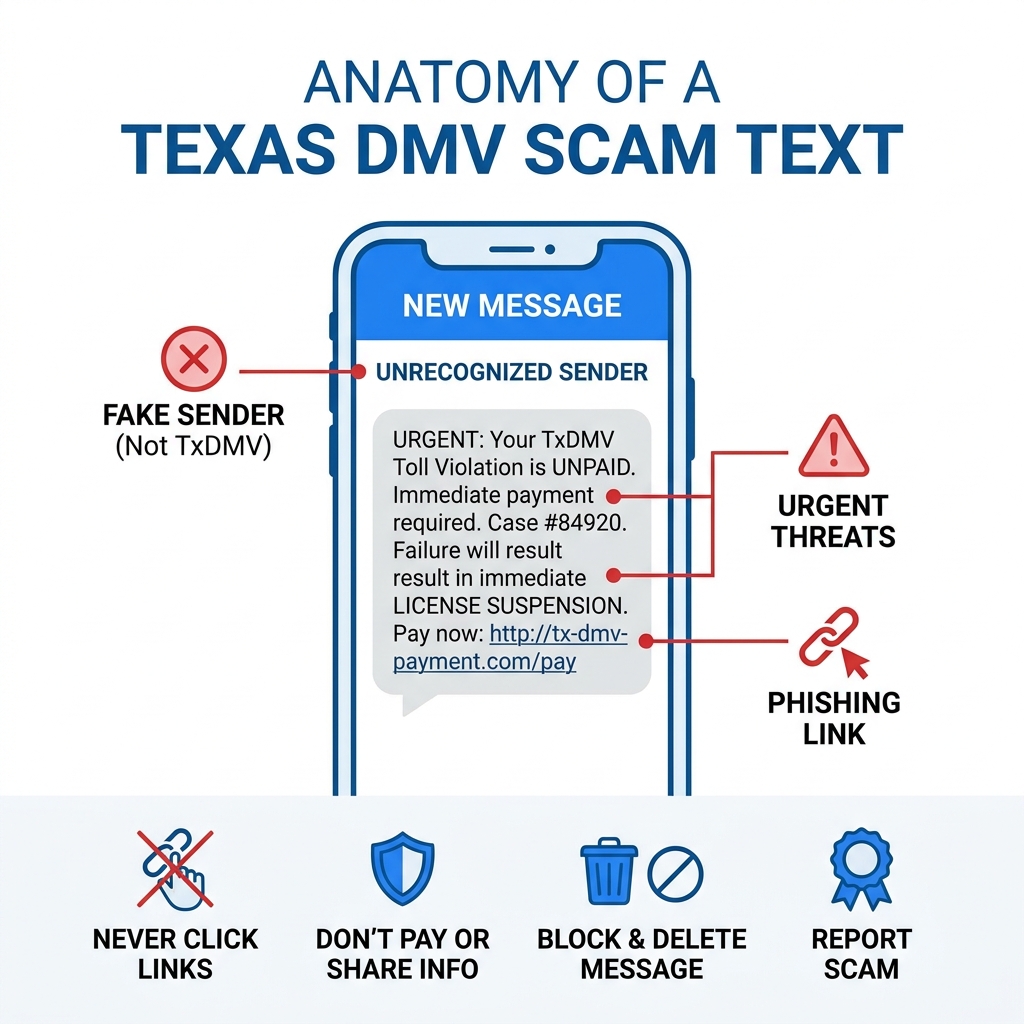 Anatomy of a Texas DMV scam text showing red flags like fake sender, threats, and phishing link - texas dmv scam text