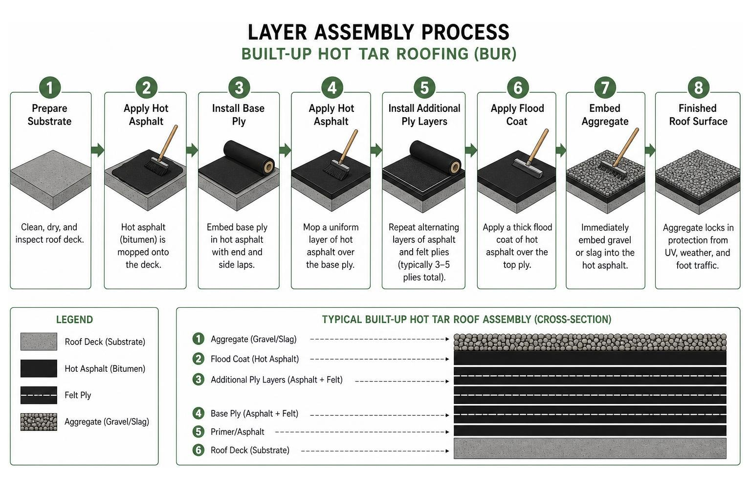 Layer assembly process diagram of built-up hot tar roofing Layer assembly process diagram of built-up hot tar roofing