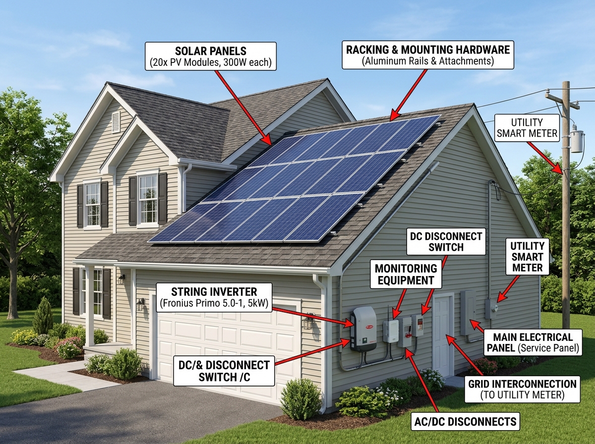 Diagram of solar system components: panels, inverters, racking, and monitoring - 5kw solar system installed price Diagram of solar system components: panels, inverters, racking, and monitoring - 5kw solar system installed price