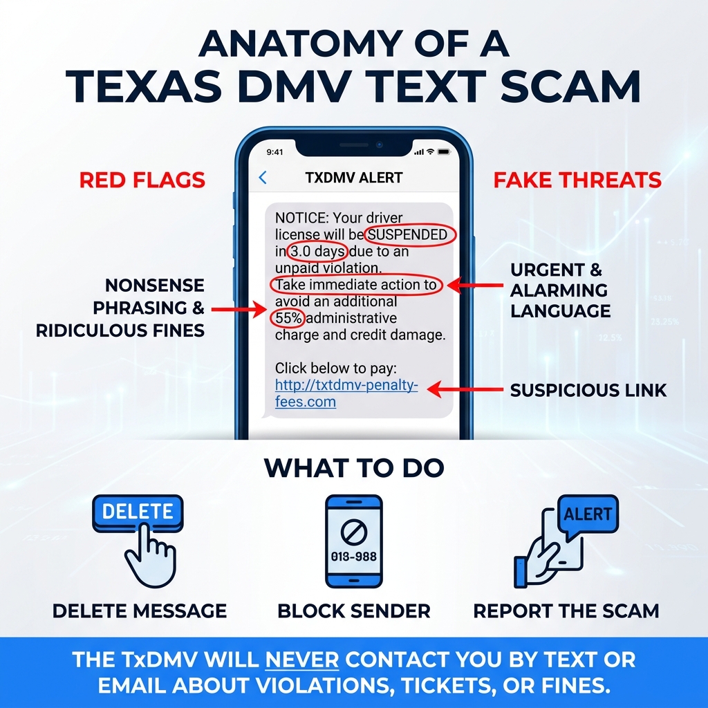 Anatomy of a Texas DMV text scam showing red flags, fake threats, and what to do - texas dmv text scam infographic Anatomy of a Texas DMV text scam showing red flags, fake threats, and what to do - texas dmv text scam infographic