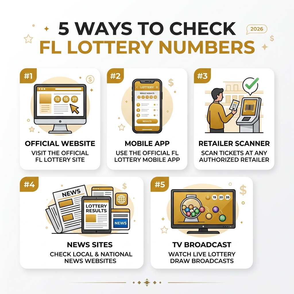 Infographic showing 5 ways to check FL lottery numbers: website, app, retailer scanner, news sites, TV broadcast - fl Infographic showing 5 ways to check FL lottery numbers: website, app, retailer scanner, news sites, TV broadcast - fl