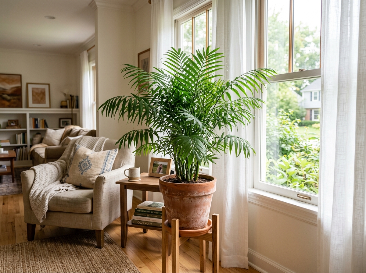 A lush Bamboo Palm sitting gracefully near a window with sheer curtains - bamboo palm care indoor A lush Bamboo Palm sitting gracefully near a window with sheer curtains - bamboo palm care indoor
