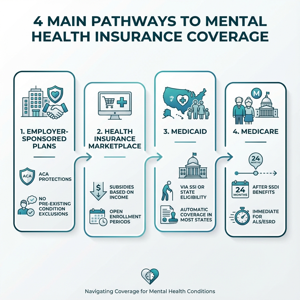 Infographic showing 4 main pathways to mental health insurance coverage: 1) Employer-Sponsored Plans with ACA protections and no pre-existing condition exclusions, 2) Health Insurance Marketplace with subsidies based on income and open enrollment periods, 3) Medicaid via SSI or state eligibility with automatic coverage in most states, 4) Medicare after 24 months of SSDI benefits or immediate for ALS/ESRD - medical insurance for mentally challenged infographic