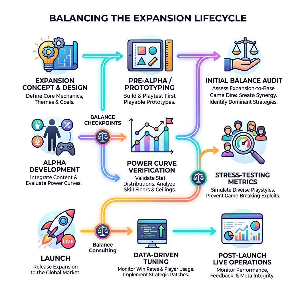 Expansion lifecycle stages with balance checkpoints from design to post-launch - game expansion balance consulting Expansion lifecycle stages with balance checkpoints from design to post-launch - game expansion balance consulting