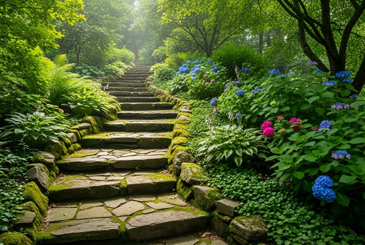 rustic stone steps - backyard stone steps ideas