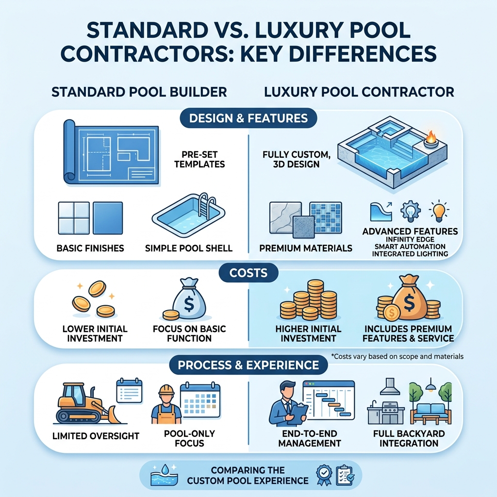 Infographic comparing standard vs luxury pool contractors features, costs, and process - luxury pool contractors infographic Infographic comparing standard vs luxury pool contractors features, costs, and process - luxury pool contractors infographic