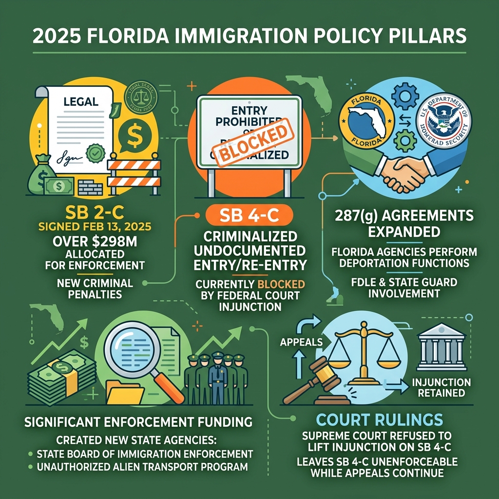 2025 Florida immigration policy pillars: SB 2-C, SB 4-C, 287g agreements, enforcement funding, court rulings - immigration