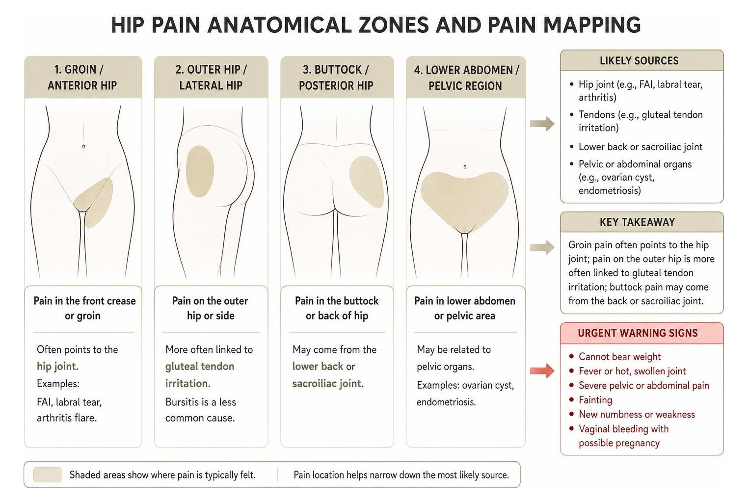 Hip pain anatomical zones and pain mapping