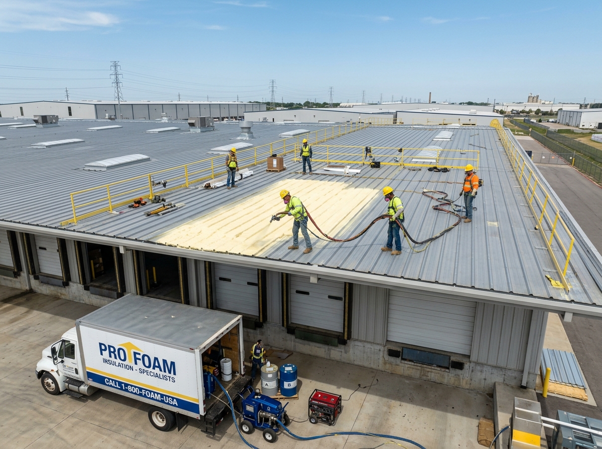 Large-scale industrial warehouse roof receiving a professional spray foam application - spray foam insulation cost Large-scale industrial warehouse roof receiving a professional spray foam application - spray foam insulation cost