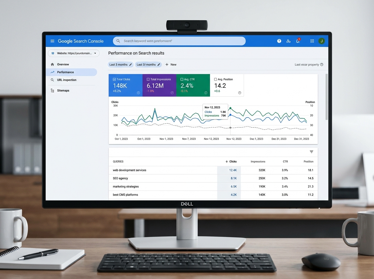 Google Search Console performance dashboard showing clicks, impressions, and average position trends - how to optimise Google Search Console performance dashboard showing clicks, impressions, and average position trends - how to optimise