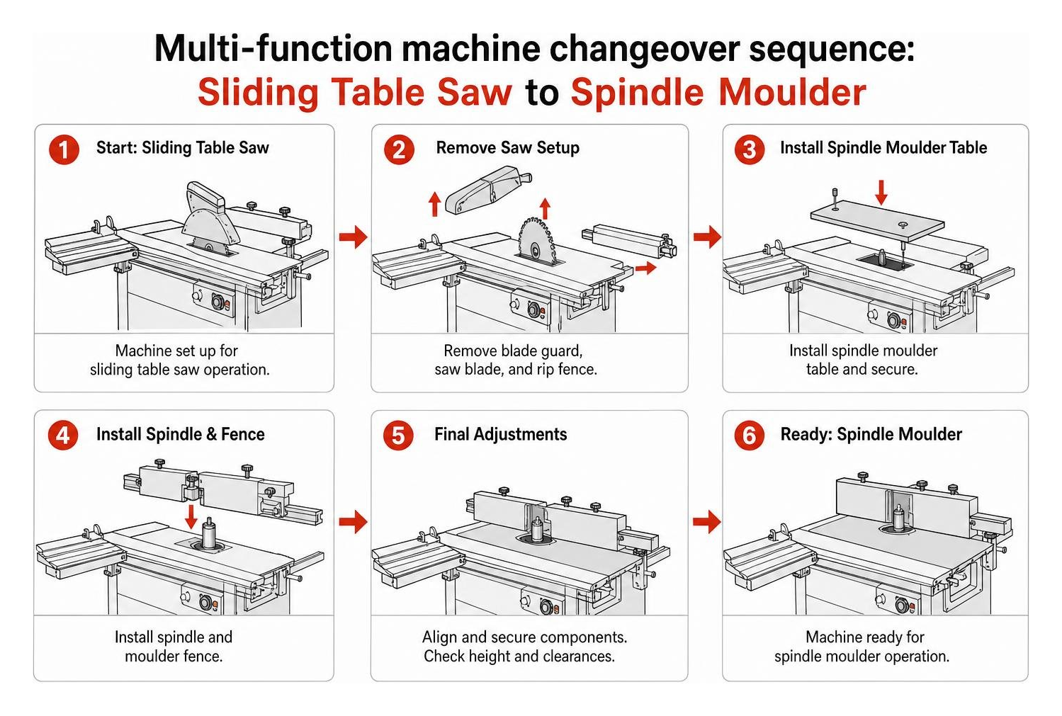 Multi-function machine changeover sequence from sliding table saw to spindle moulder Multi-function machine changeover sequence from sliding table saw to spindle moulder