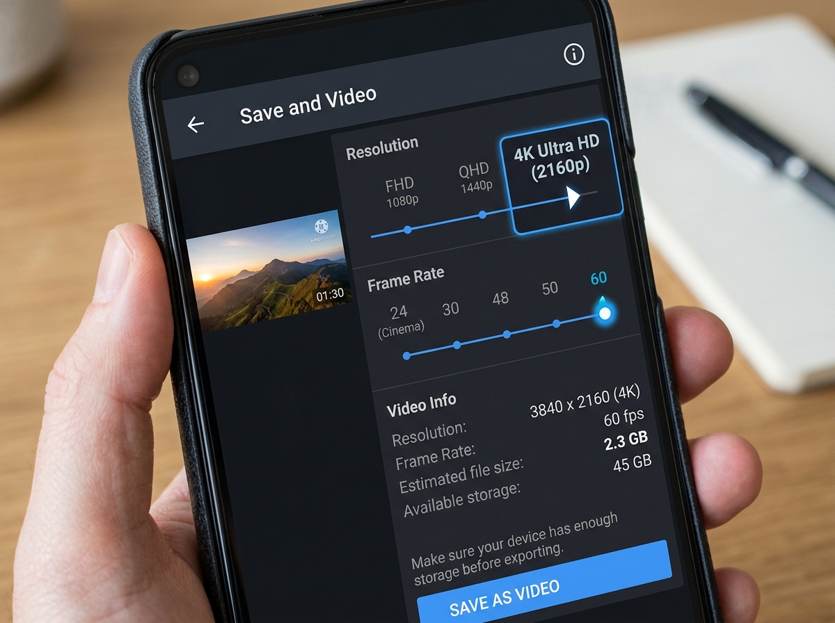 KineMaster 4K export settings showing 2160p resolution and 60 FPS frame rate - kinemaster pro unlocked download KineMaster 4K export settings showing 2160p resolution and 60 FPS frame rate - kinemaster pro unlocked download
