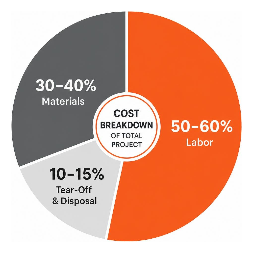 Cost breakdown pie chart showing labor vs materials vs tear-off