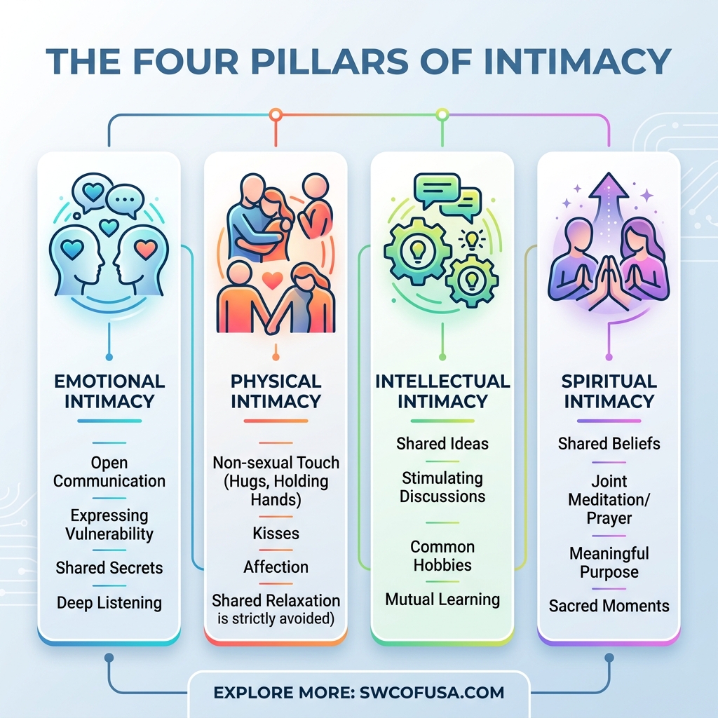 Infographic showing the four pillars of intimacy: emotional, physical, intellectual, and spiritual - ideas to enhance Infographic showing the four pillars of intimacy: emotional, physical, intellectual, and spiritual - ideas to enhance