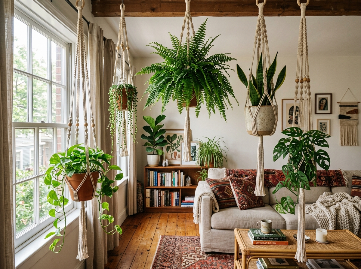 macramé hangers at different heights in a small apartment - indoor hanging plant ideas macramé hangers at different heights in a small apartment - indoor hanging plant ideas