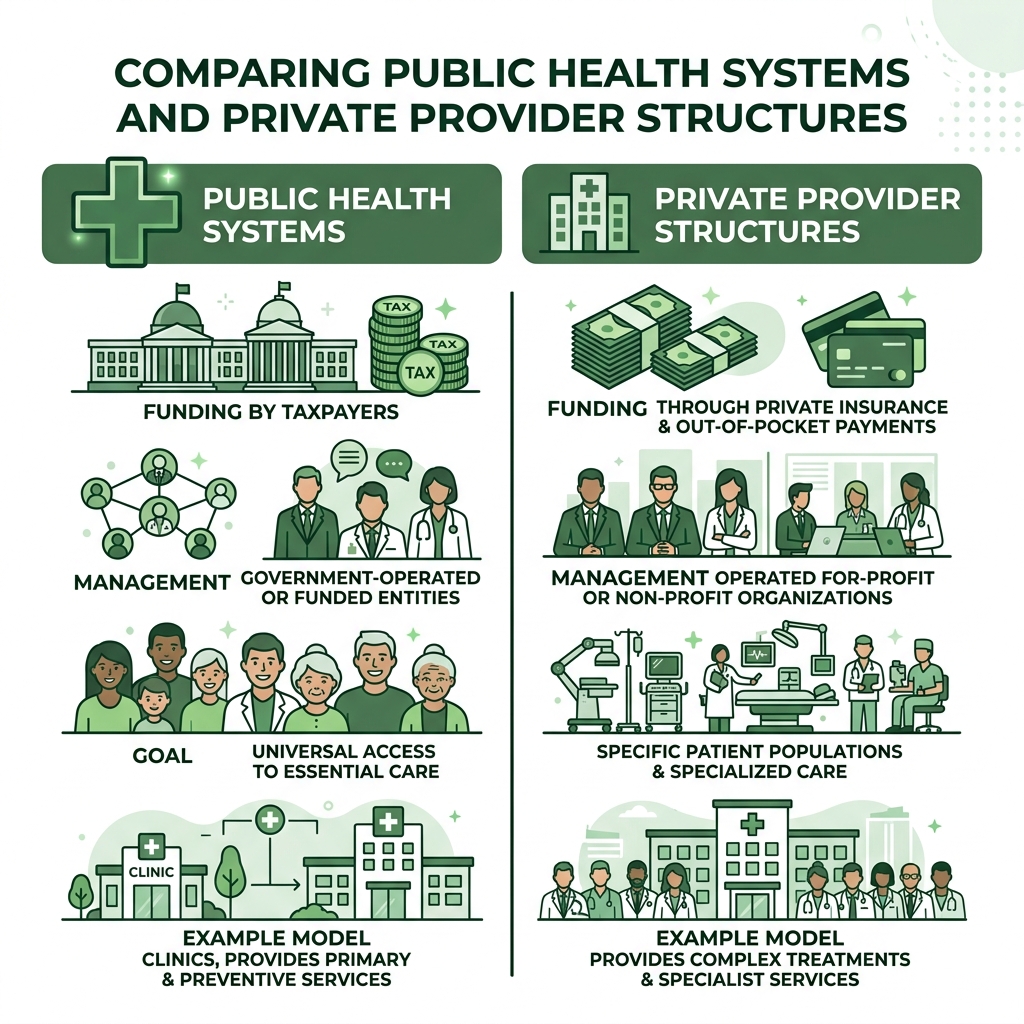 Comparing public health systems and private provider structures - healthcare services infographic 