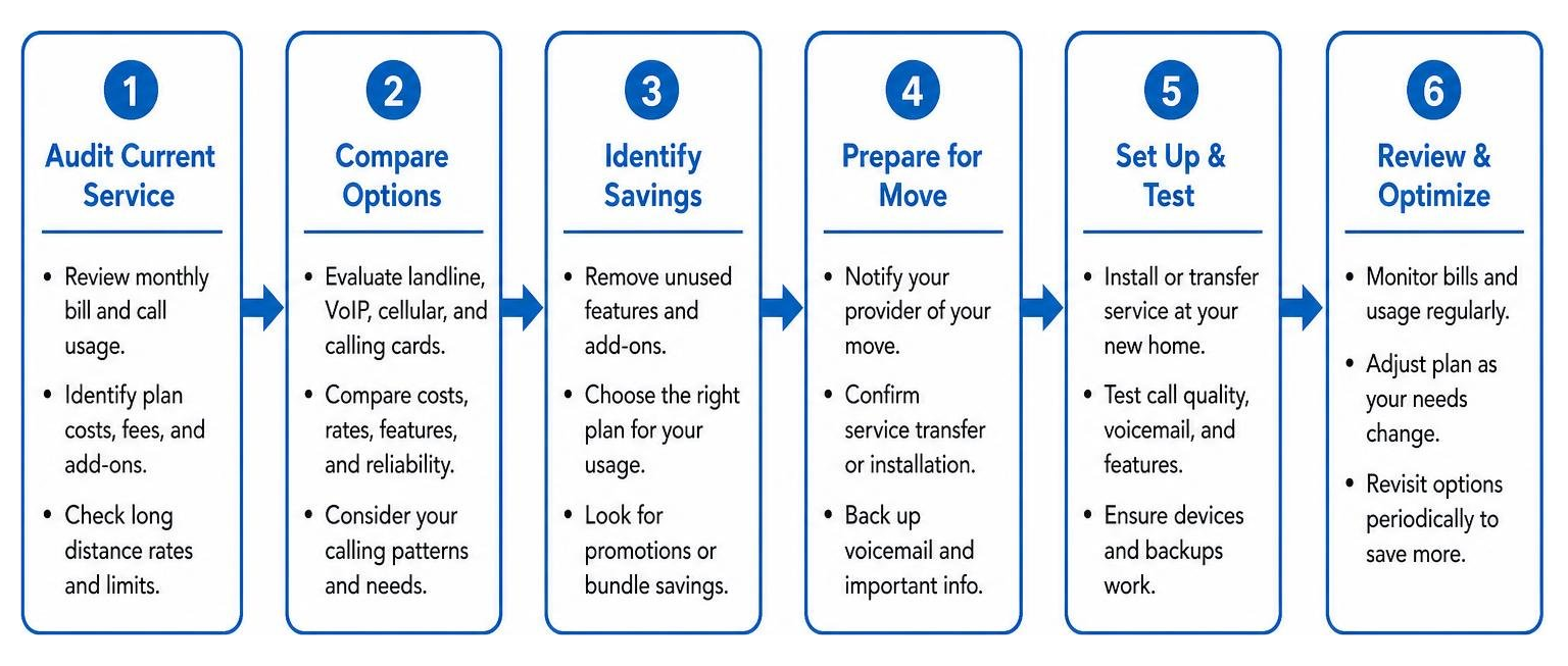 Diagram showing steps to audit and optimize residential phone service during moving