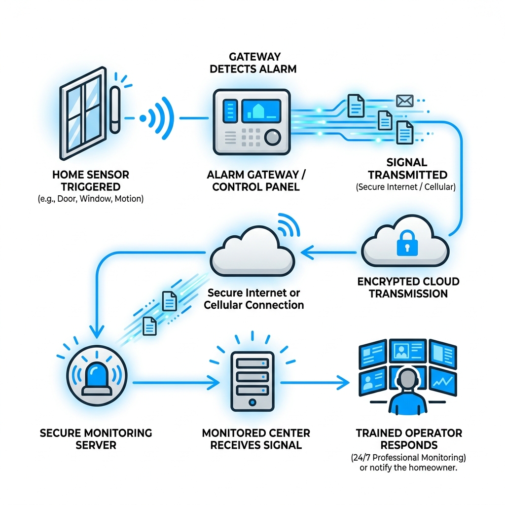 Communication path from home sensor to professional monitoring center - alarm systems and monitoring infographic 