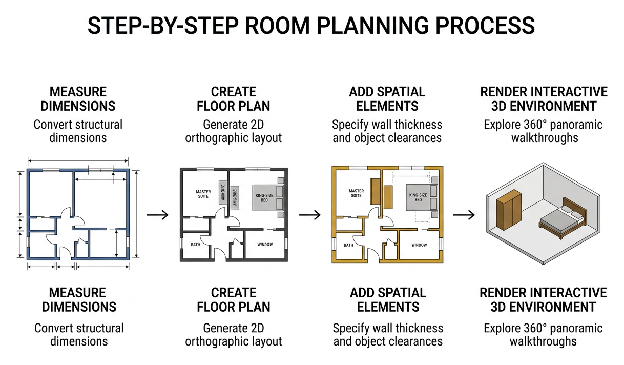 Step-by-step room planning process from measurement to 3D walkthrough Step-by-step room planning process from measurement to 3D walkthrough