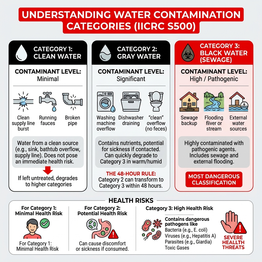 Table comparing water categories, contaminant levels, and health risks - sewage damage cleanup infographic 