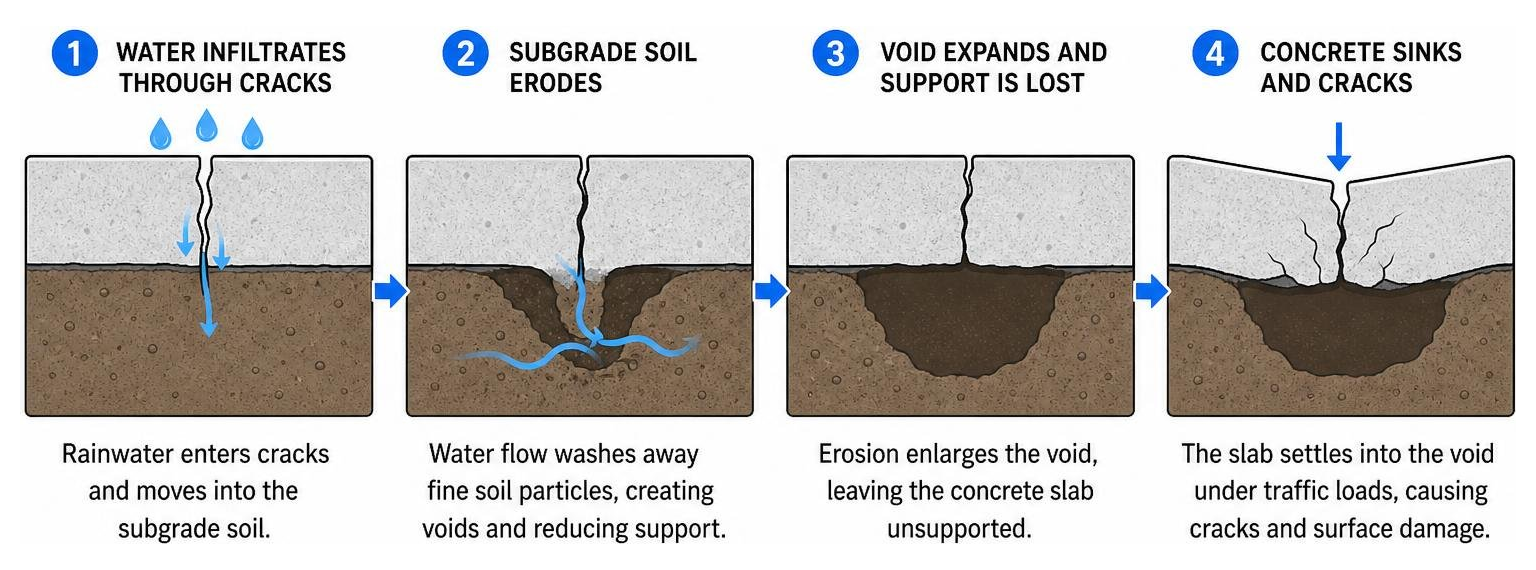 How water infiltration causes subgrade soil erosion and sinking concrete How water infiltration causes subgrade soil erosion and sinking concrete