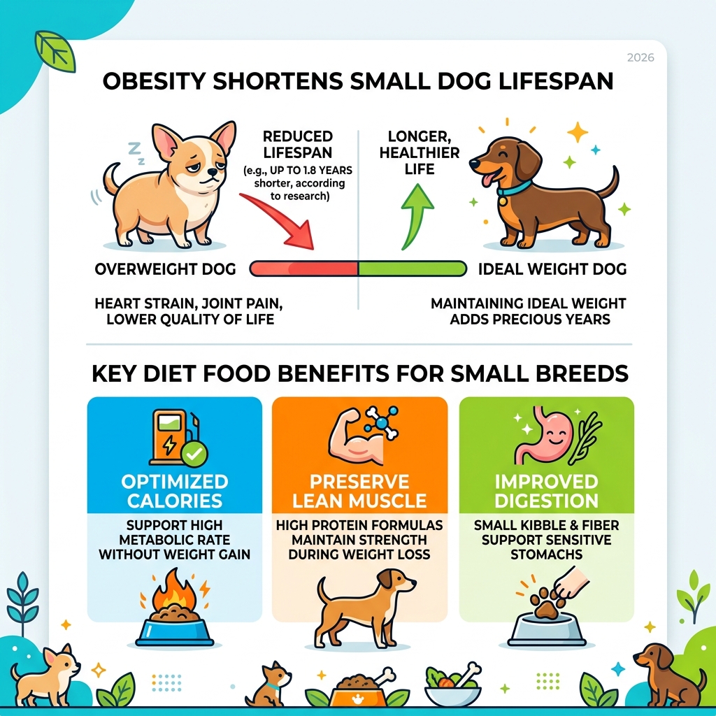 Infographic showing how obesity reduces small dog lifespan and key diet food benefits for small breeds - diet dog food for