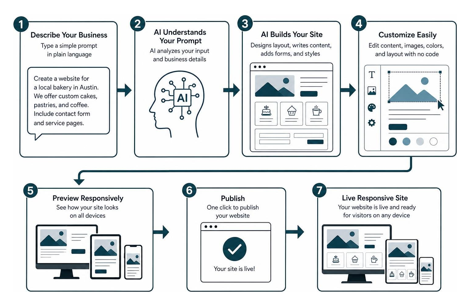 AI website builder workflow from text prompt to live responsive site