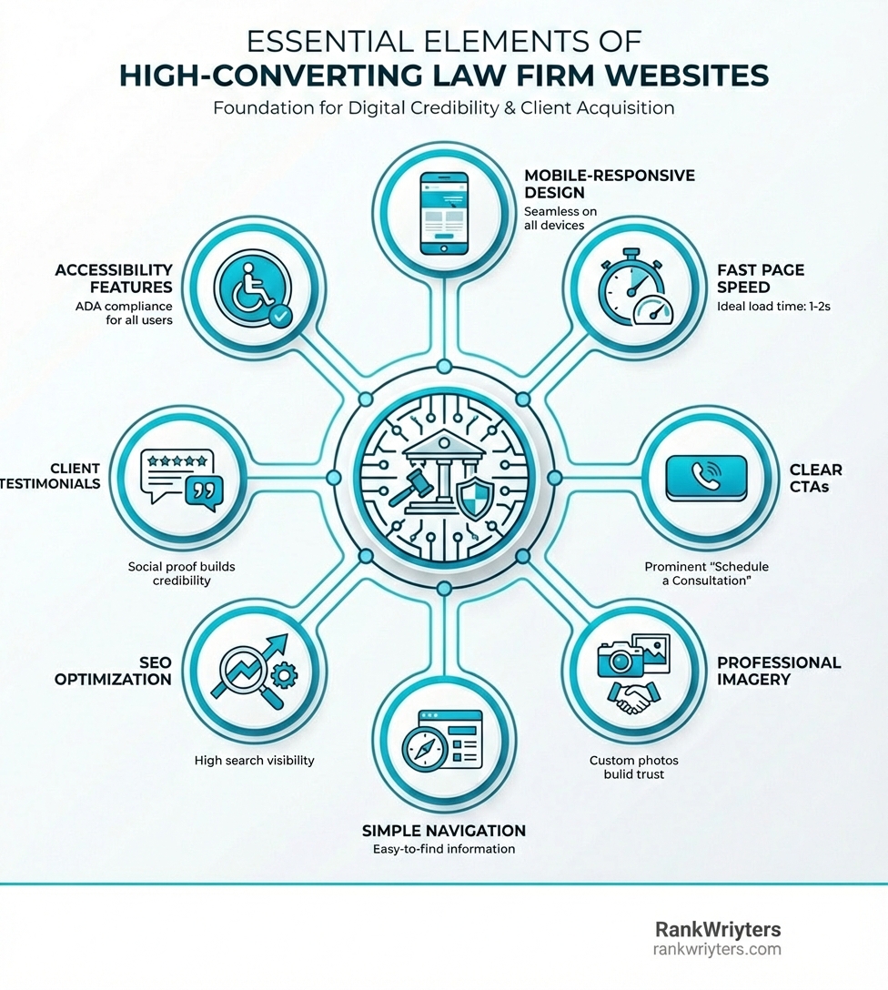 infographic showing essential elements of high-converting law firm websites including mobile design, fast loading speed, clear CTAs, professional photos, simple navigation, SEO optimization, client testimonials, and accessibility features - web design for lawyers infographic 