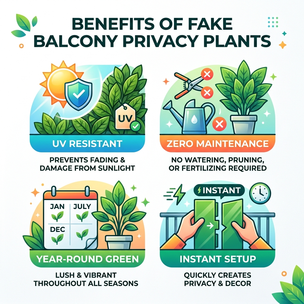 Benefits of fake balcony privacy plants infographic: UV resistant, zero maintenance, year-round green, instant setup - fake